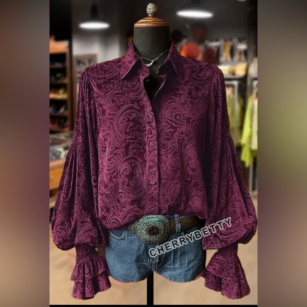 Vintage Floral Print Paisley Lantern Sleeve Velvet Top  RoseRed NWOT